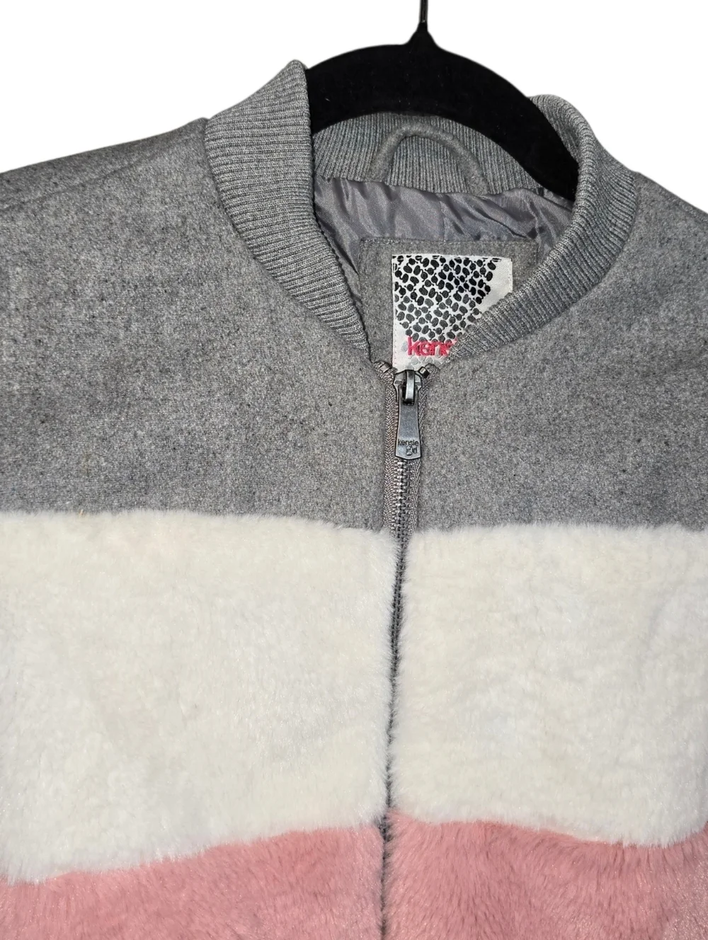 Kensie Girl Faux Fur Pink White Gray Stripe Bomber Jacket Size 10/12